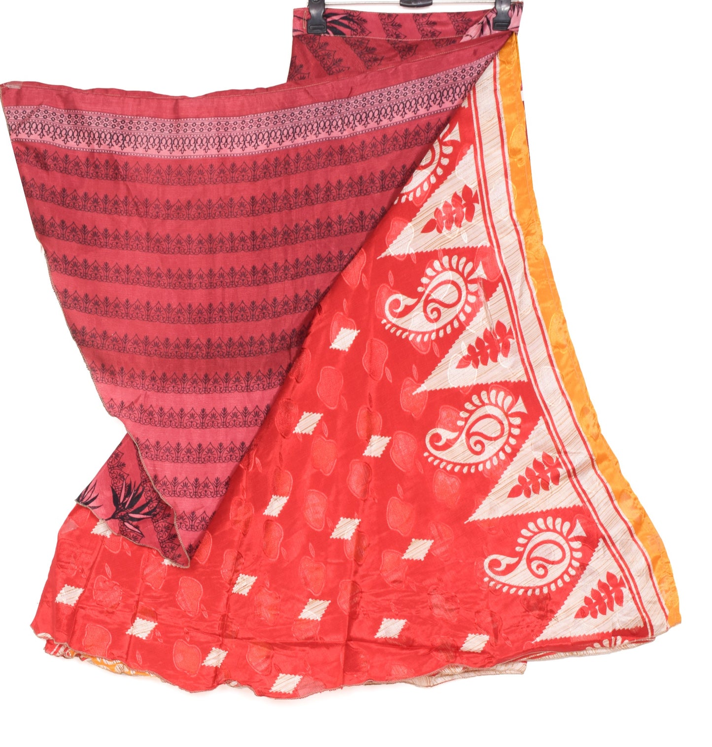 Sushila Vintage Art Silk Saree Magic Wrap Reversible Skirt Red Yellow Beach Dress