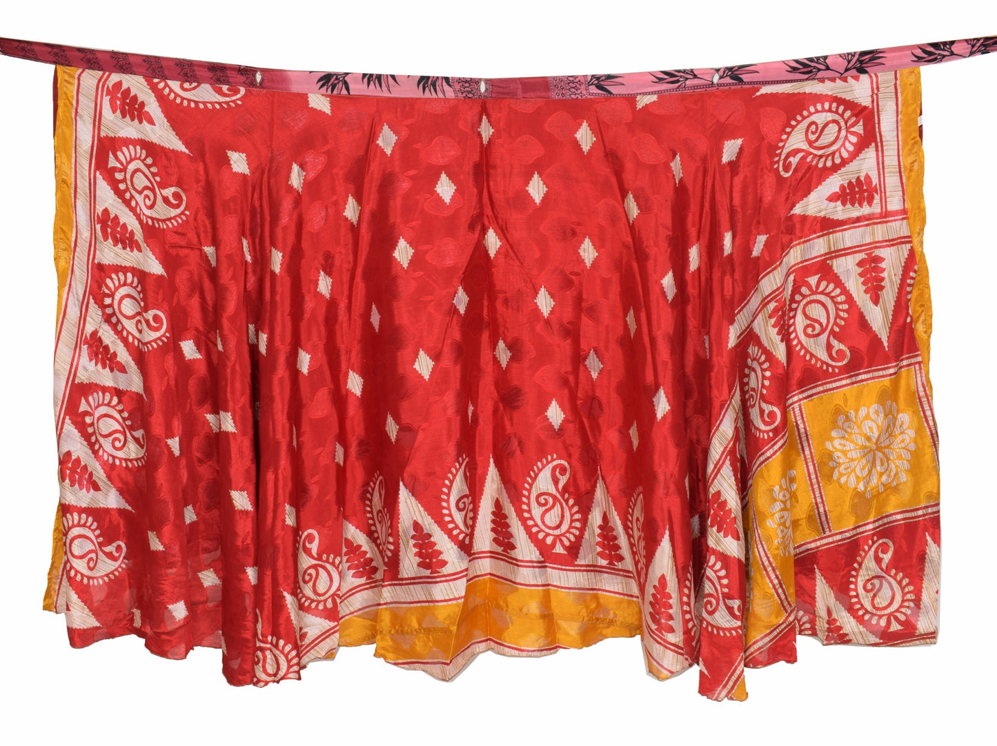 Sushila Vintage Art Silk Saree Magic Wrap Reversible Skirt Red Yellow Beach Dress