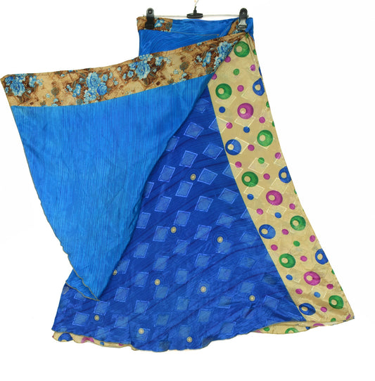 Sushila Vintage Cream Blue Saree Magic Wrap Reversible Skirt Art Silk Beach Dress