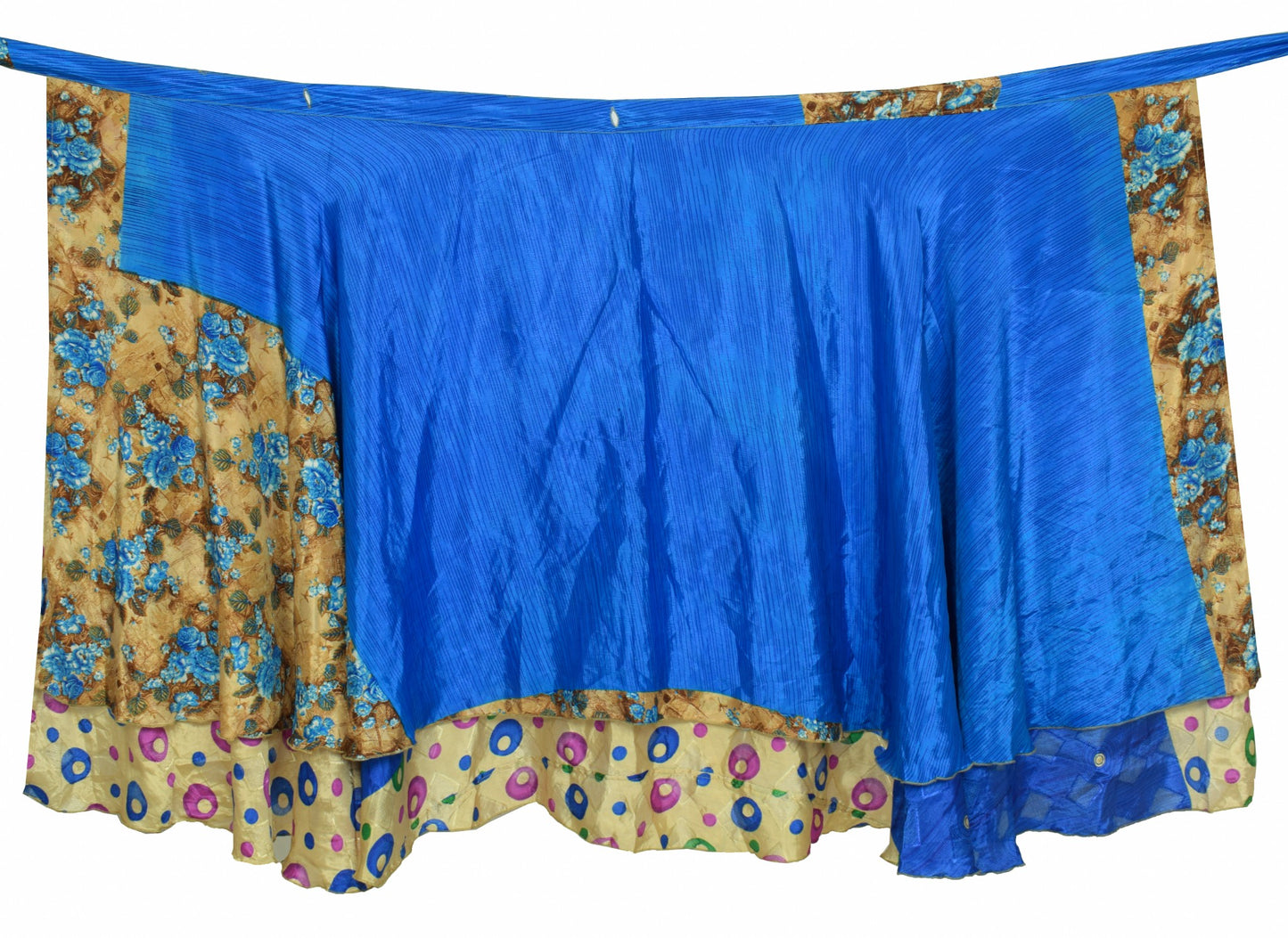 Sushila Vintage Cream Blue Saree Magic Wrap Reversible Skirt Art Silk Beach Dress