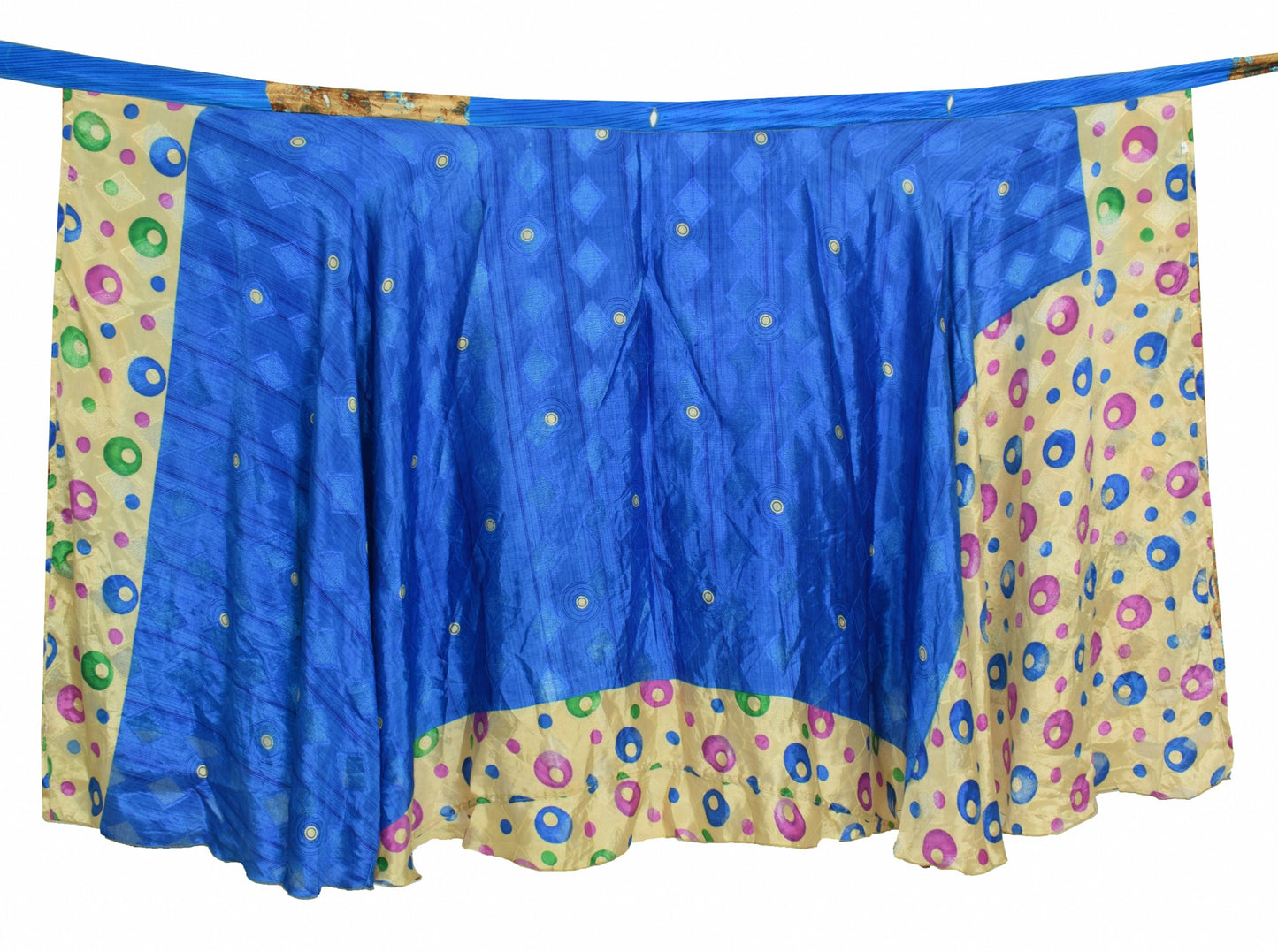 Sushila Vintage Cream Blue Saree Magic Wrap Reversible Skirt Art Silk Beach Dress