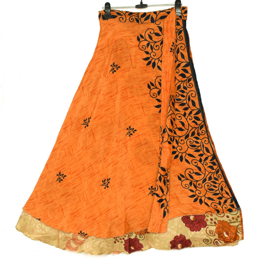 Sushila Vintage Orange Art Silk Saree Magic Wrap Reversible Skirt Beach Dress Hippie