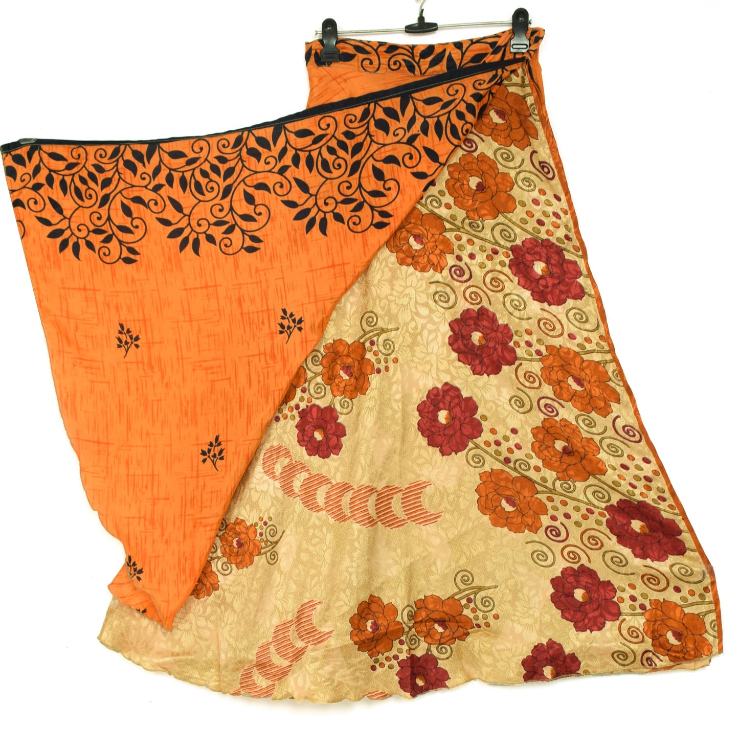 Sushila Vintage Orange Art Silk Saree Magic Wrap Reversible Skirt Beach Dress Hippie
