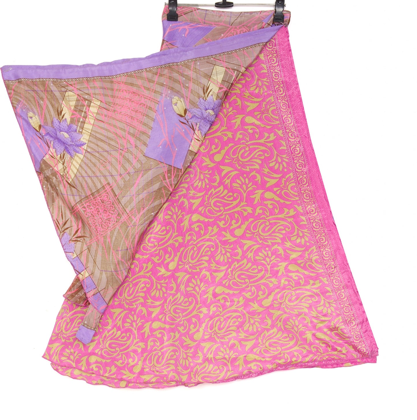 Sushila Vintage Art Silk Saree Magic Wrap Reversible Skirt Floral Pink Beach Dress