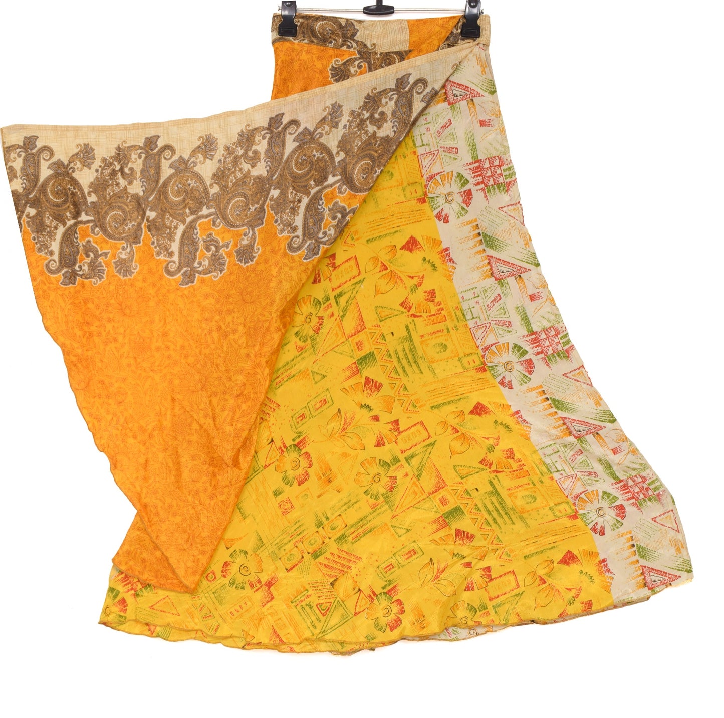 Sushila Vintage Floral Saree Magic Wrap Reversible Skirt Yellow Art Silk Beach Dress