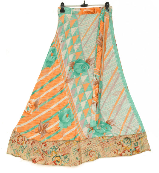 Sushila Vintage Cream Yellow Saree Magic Wrap Reversible Skirt Art Silk Beach Dress