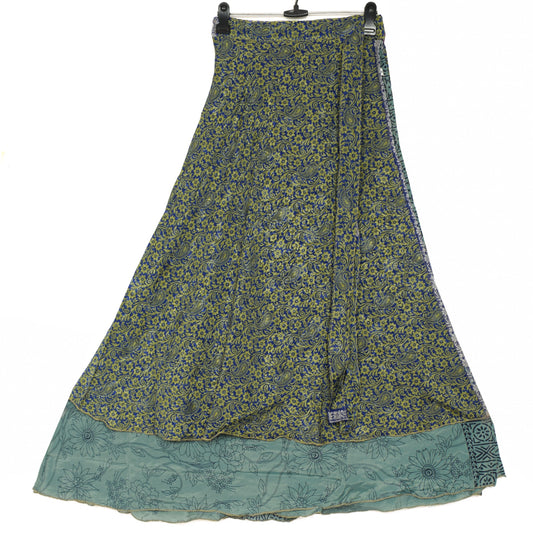 Sushila Vintage Floral Blue Saree Magic Wrap Art Silk Reversible Skirt Beach Dress