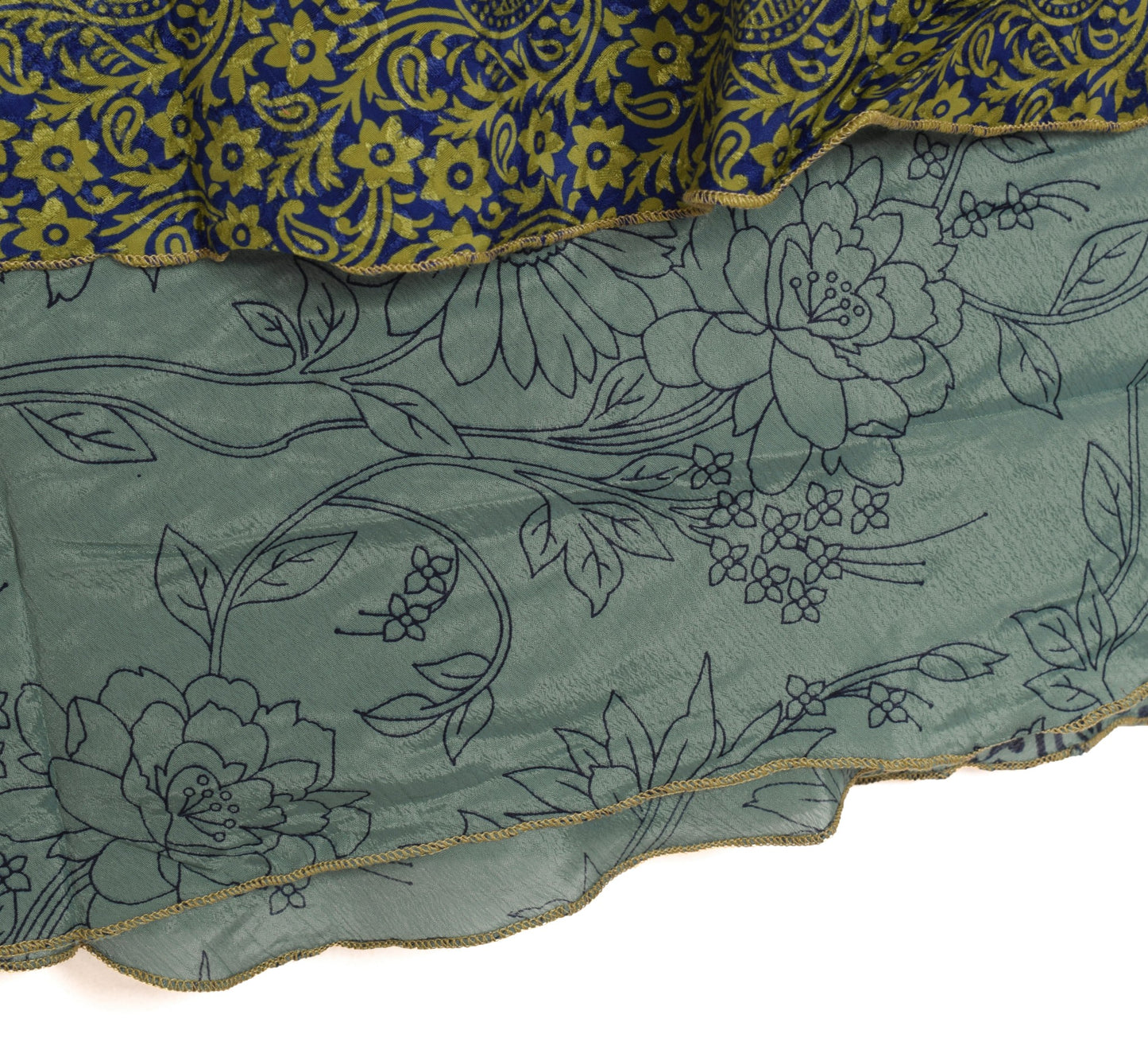 Sushila Vintage Floral Blue Saree Magic Wrap Art Silk Reversible Skirt Beach Dress
