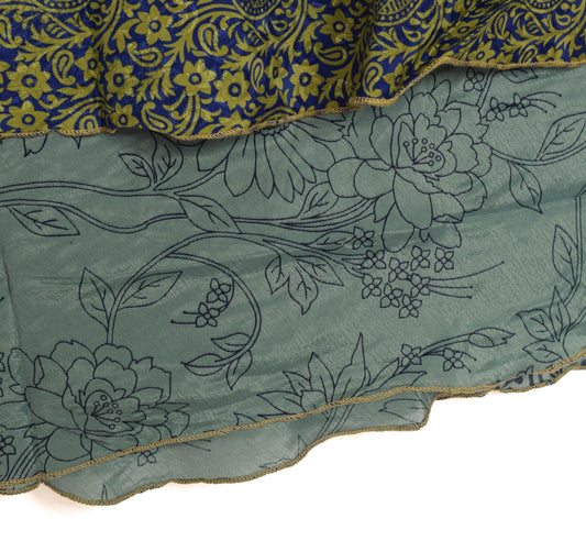 Sushila Vintage Floral Blue Saree Magic Wrap Art Silk Reversible Skirt Beach Dress