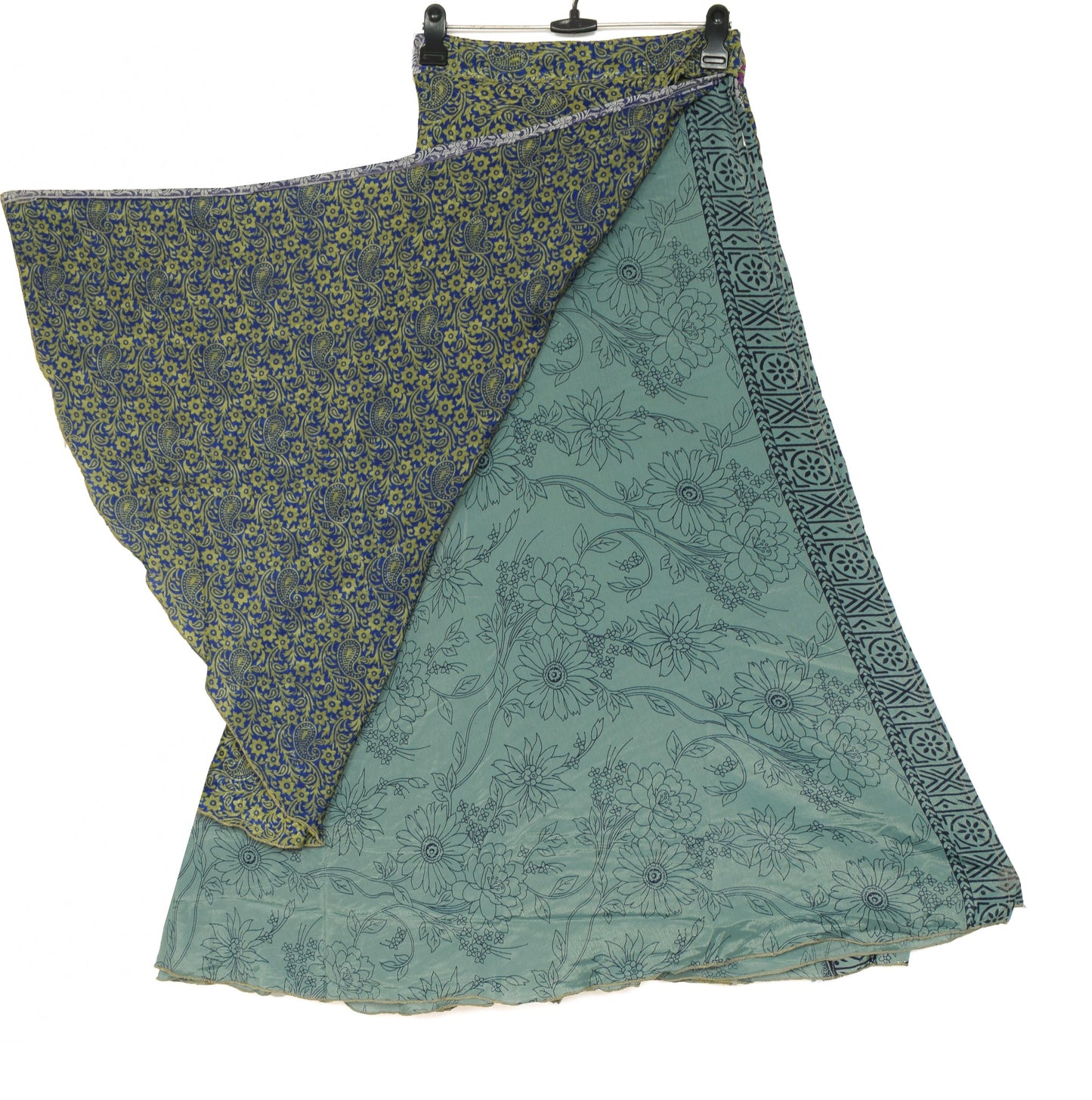 Sushila Vintage Floral Blue Saree Magic Wrap Art Silk Reversible Skirt Beach Dress