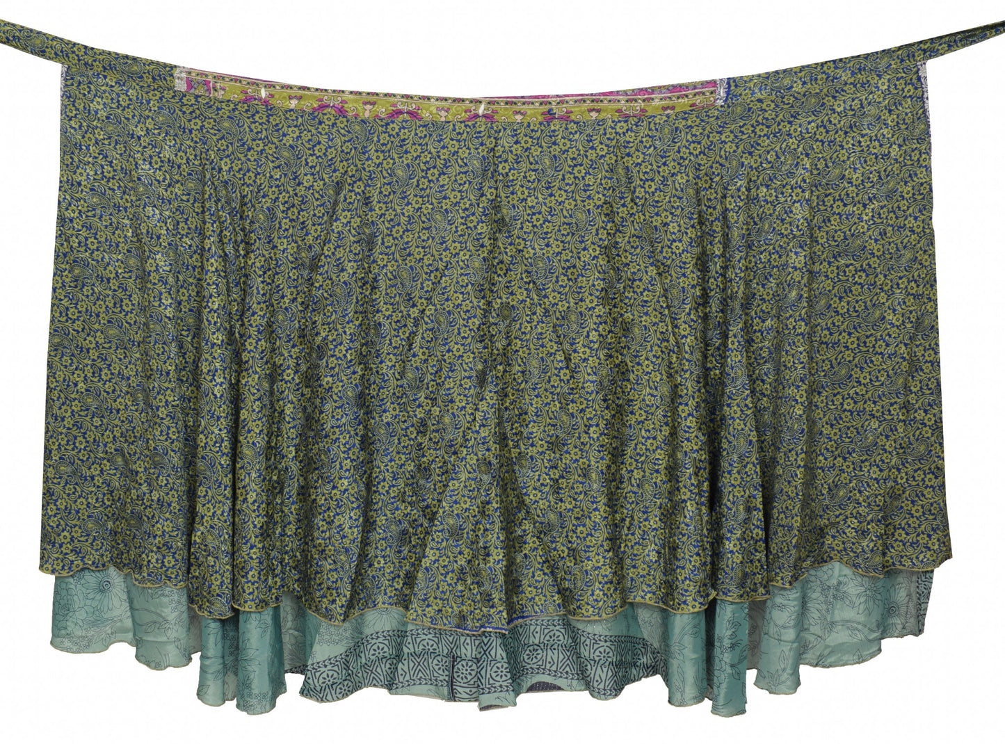 Sushila Vintage Floral Blue Saree Magic Wrap Art Silk Reversible Skirt Beach Dress