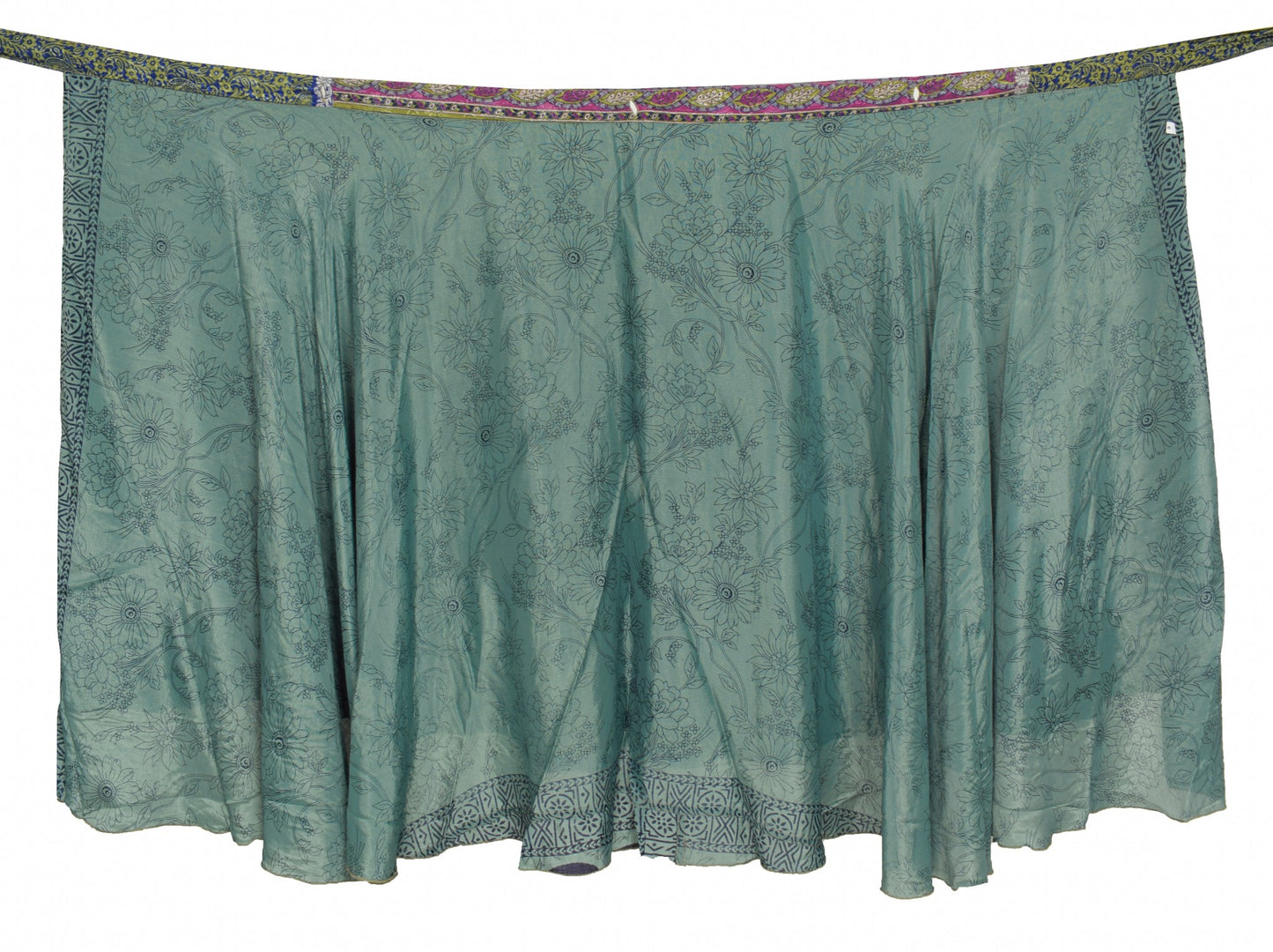 Sushila Vintage Floral Blue Saree Magic Wrap Art Silk Reversible Skirt Beach Dress