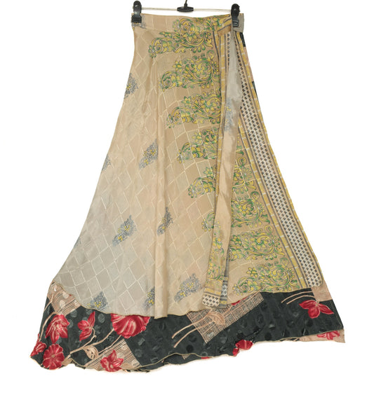 Sushila Vintage Art Silk Saree Magic Wrap Floral Gray Reversible Skirt Beach Dress