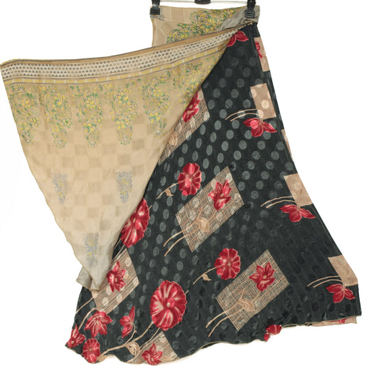 Sushila Vintage Art Silk Saree Magic Wrap Floral Gray Reversible Skirt Beach Dress