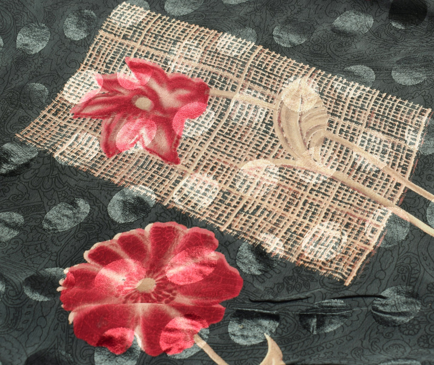 Sushila Vintage Art Silk Saree Magic Wrap Floral Gray Reversible Skirt Beach Dress