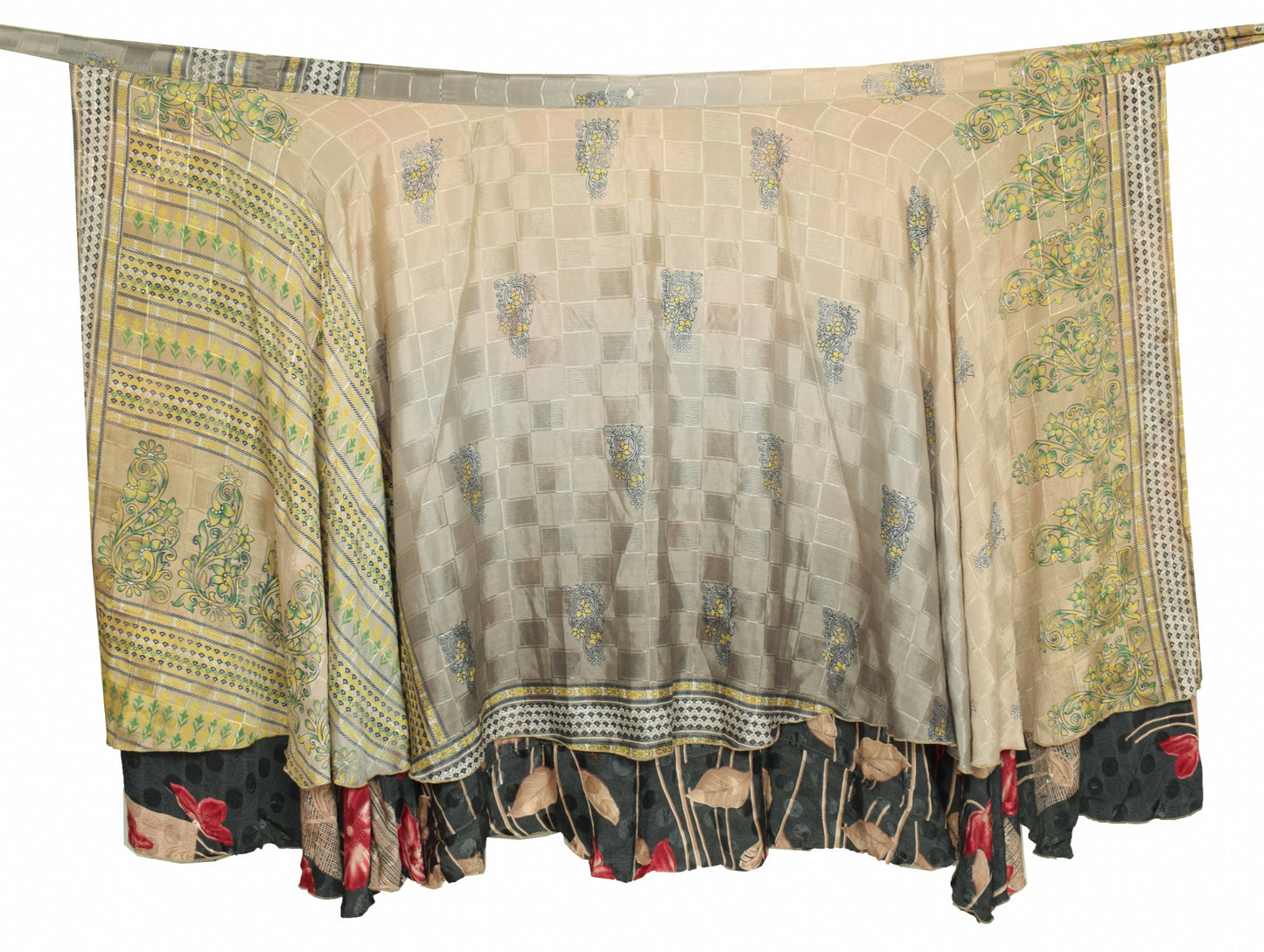 Sushila Vintage Art Silk Saree Magic Wrap Floral Gray Reversible Skirt Beach Dress