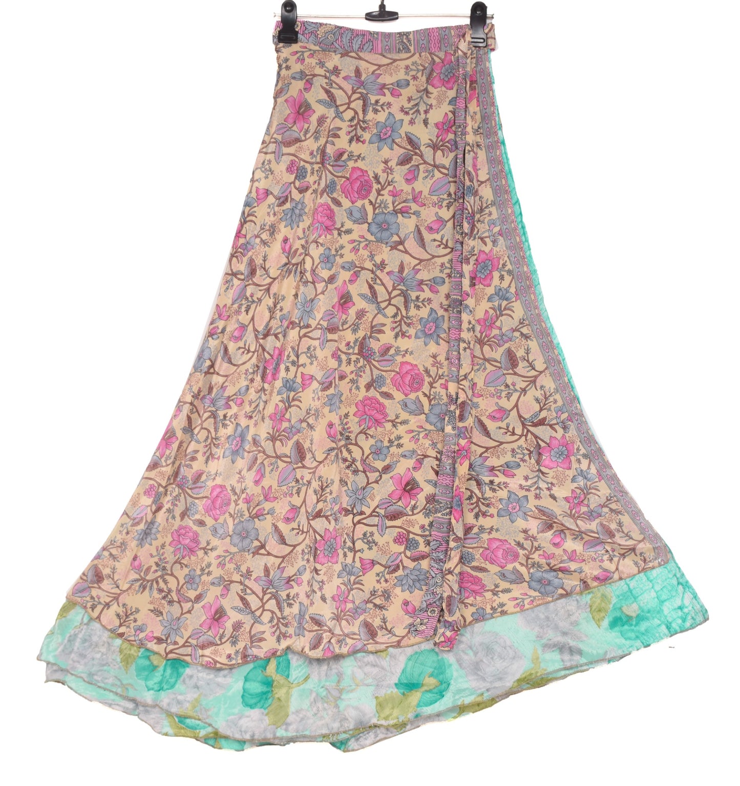 Sushila Vintage Art Silk Saree Magic Wrap Reversible Skirt Beach Dress Aqua Green
