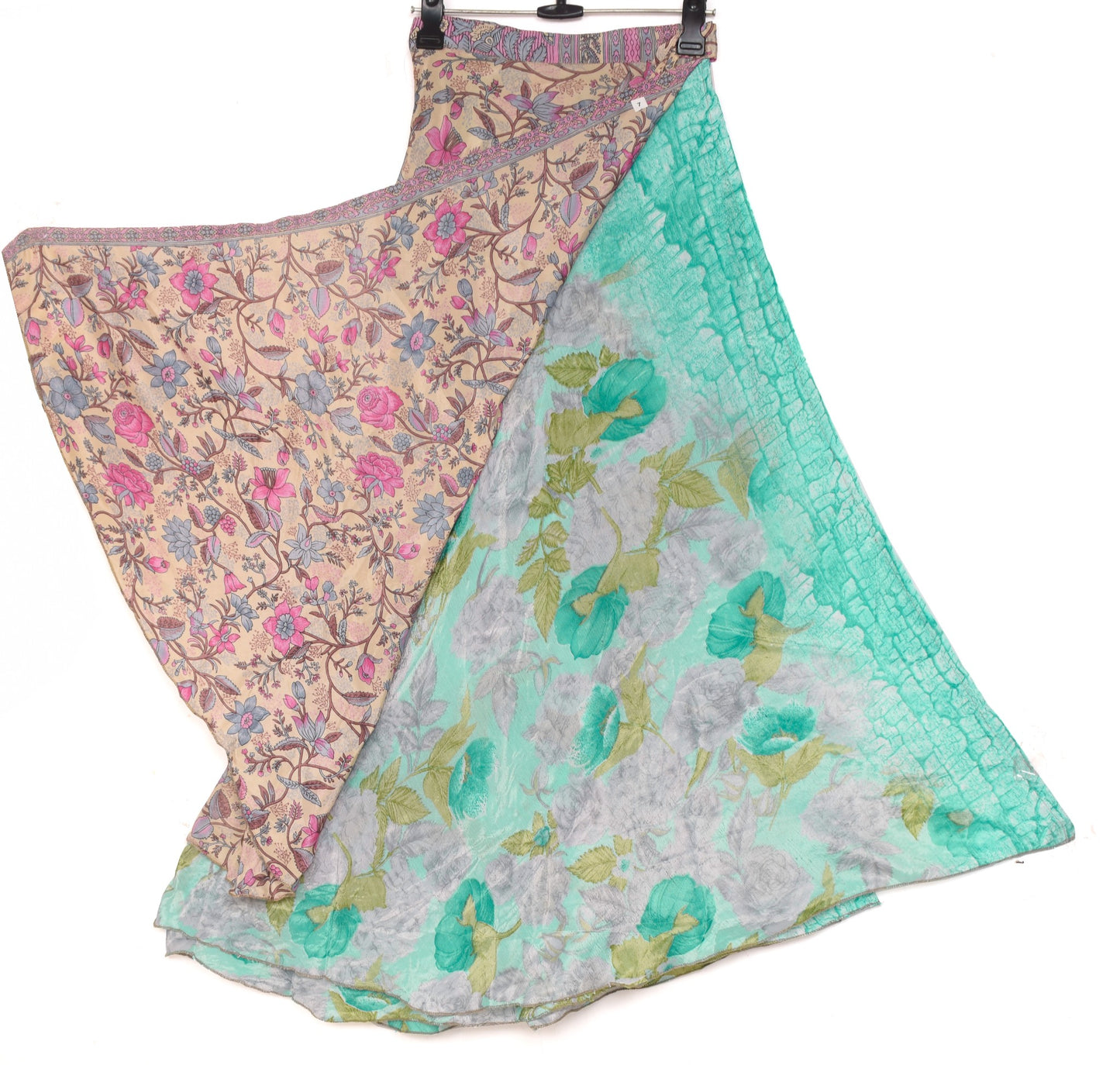 Sushila Vintage Art Silk Saree Magic Wrap Reversible Skirt Beach Dress Aqua Green