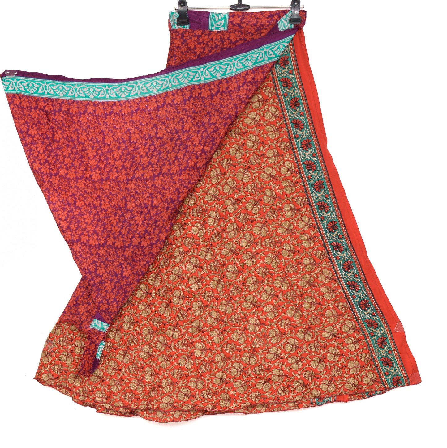 Sushila Vintage Floral Saree Magic Wrap Red Reversible Art Silk Skirt Beach Dress