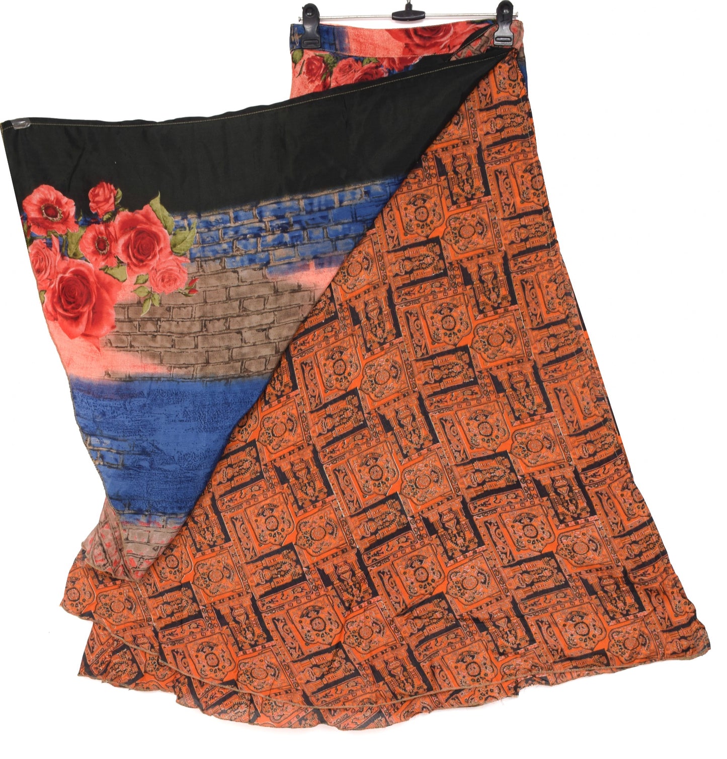 Sushila Vintage Black Floral Saree Magic Wrap Reversible Skirt Art Silk Beach Dress