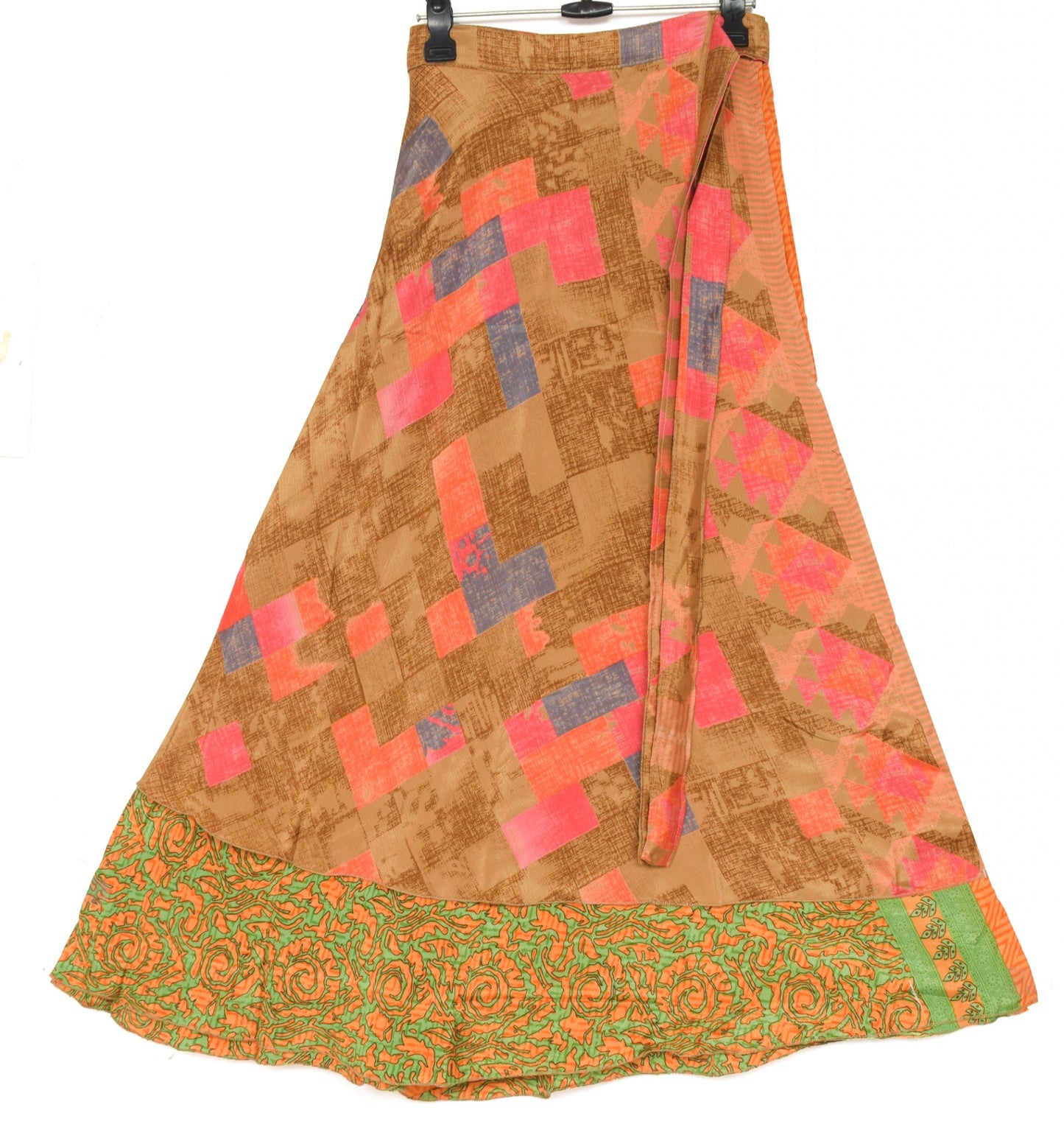 Sushila Vintage Art Silk Saree Magic Wrap Green Orange Reversible Skirt Beach Dress
