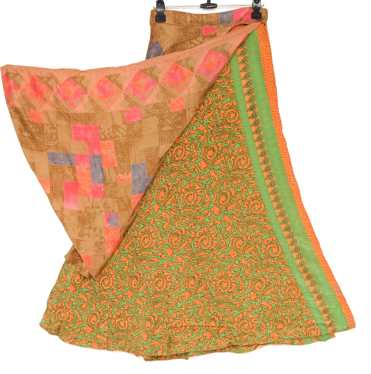 Sushila Vintage Art Silk Saree Magic Wrap Green Orange Reversible Skirt Beach Dress