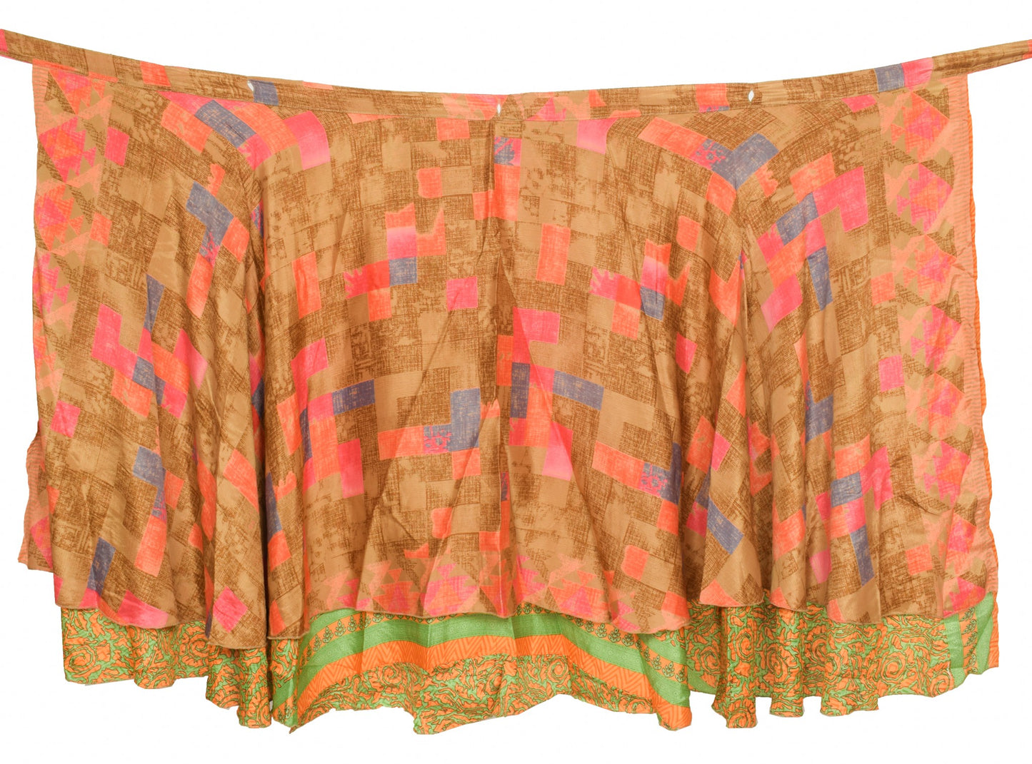 Sushila Vintage Art Silk Saree Magic Wrap Green Orange Reversible Skirt Beach Dress