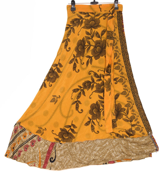 Sushila Vintage Brown Yellow Saree Magic Wrap Reversible Skirt Art Silk Beach Dress