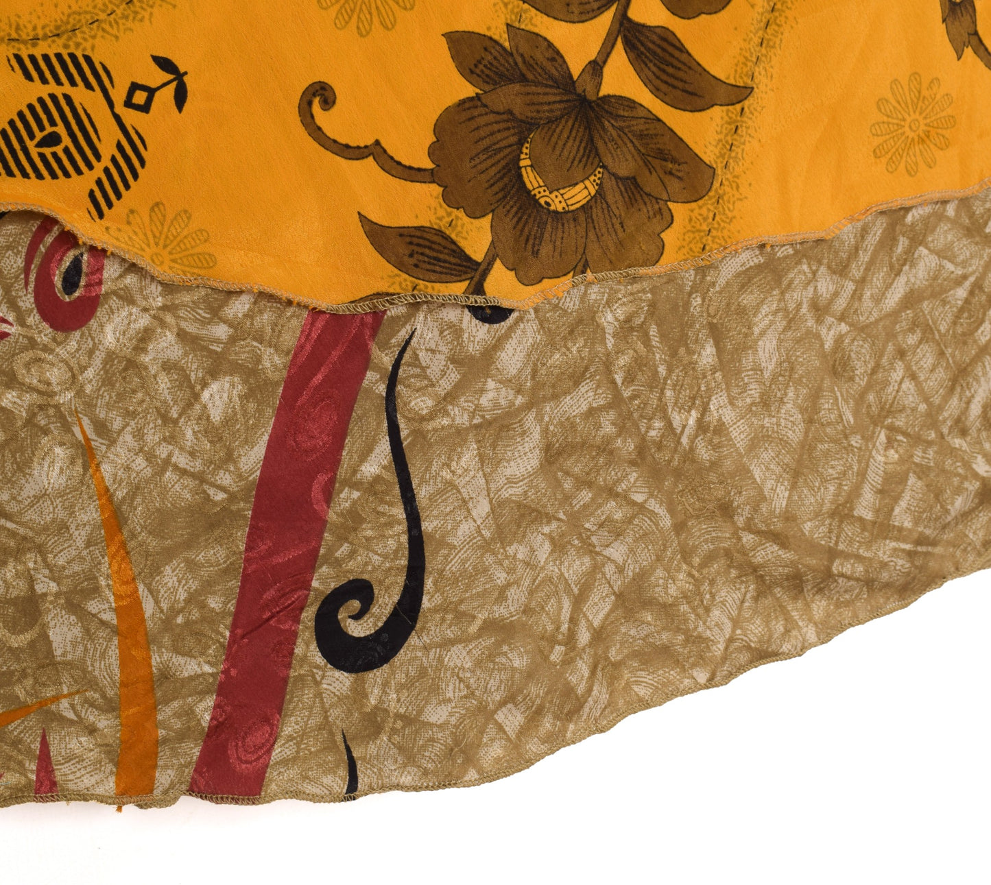 Sushila Vintage Brown Yellow Saree Magic Wrap Reversible Skirt Art Silk Beach Dress