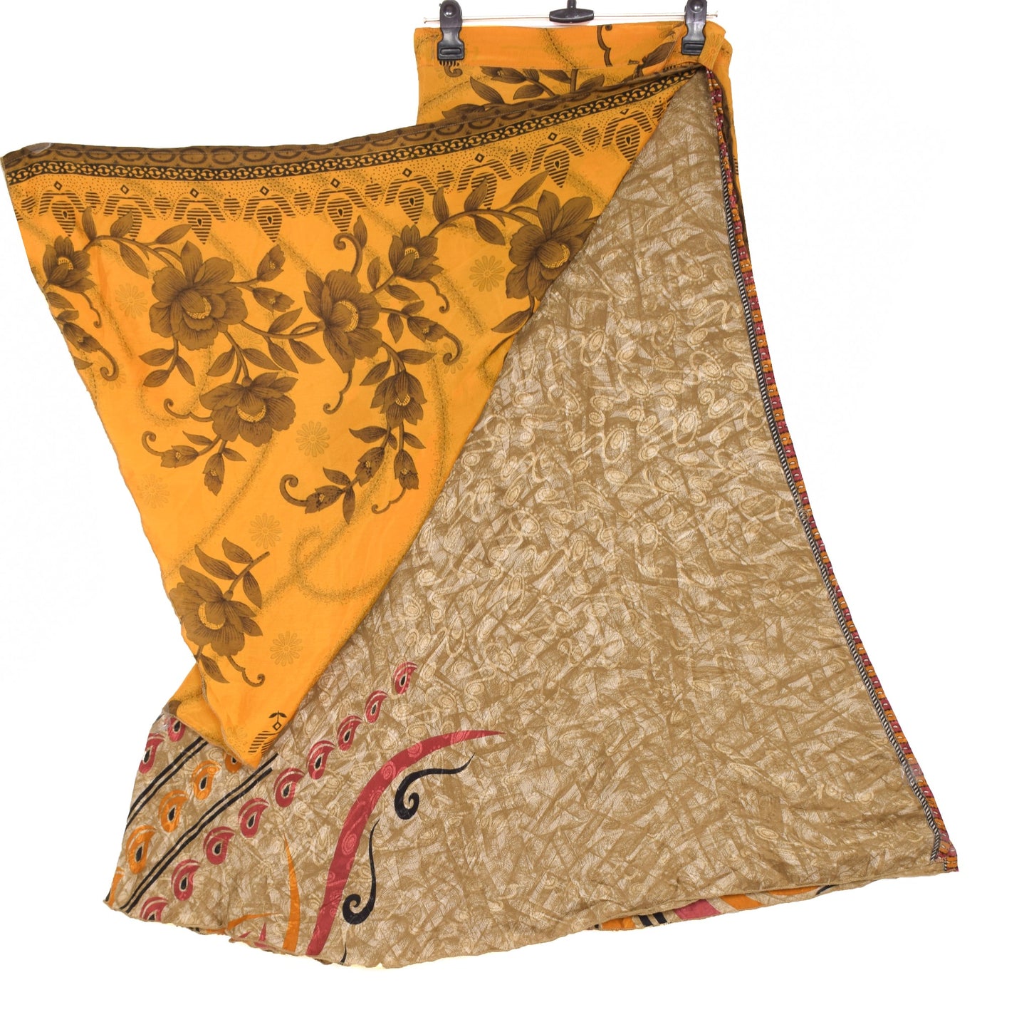 Sushila Vintage Brown Yellow Saree Magic Wrap Reversible Skirt Art Silk Beach Dress