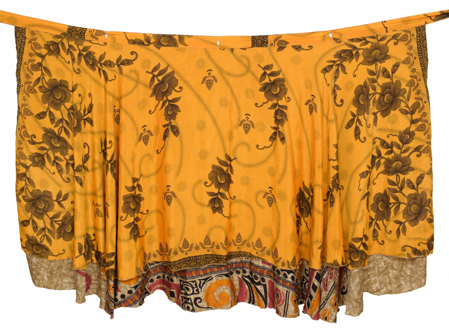 Sushila Vintage Brown Yellow Saree Magic Wrap Reversible Skirt Art Silk Beach Dress
