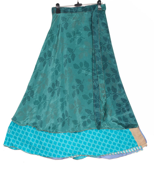 Sushila Vintage Turquoise Saree Magic Wrap Reversible Skirt Art Silk Beach Dress