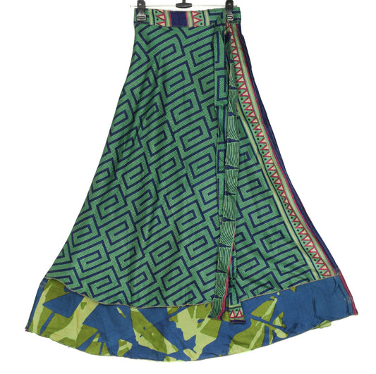 Sushila Vintage Green Art Silk Saree Magic Wrap Reversible Skirt Beach Dress