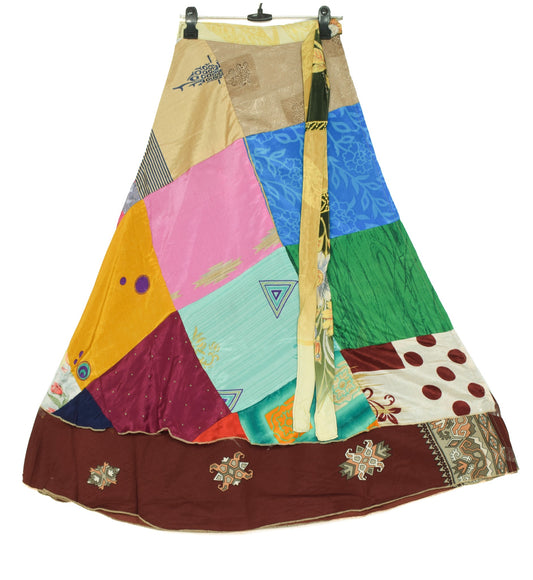 Sushila Vintage Patchwork Magic Wrap Art Silk Saree Reversible Skirt Beach Dress