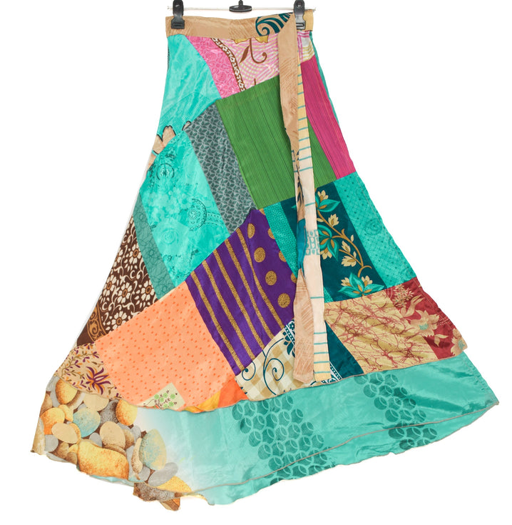Sushila Vintage Patchwork Magic Wrap Art Silk Saree Reversible Skirt Beach Dress
