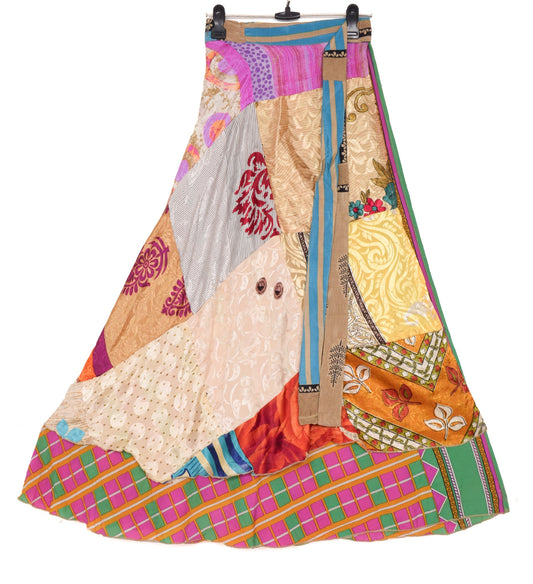 Sushila Vintage Patchwork Magic Wrap Art Silk Sari Reversible Skirt Beach Dress