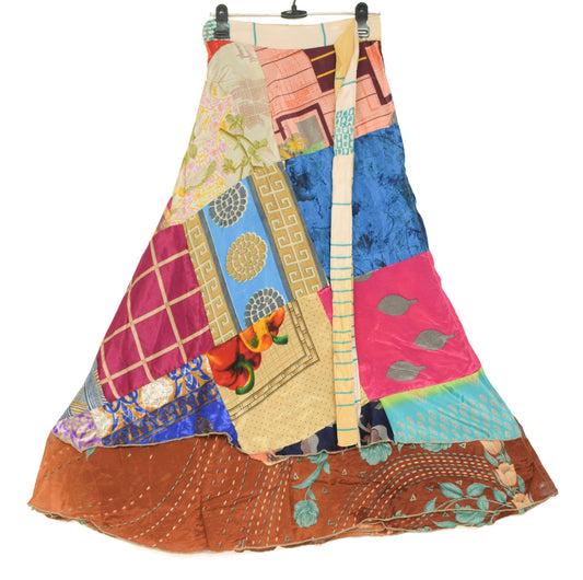 Sushila Vintage Patchwork Magic Wrap Art Silk Saree Reversible Skirt Beach Dress