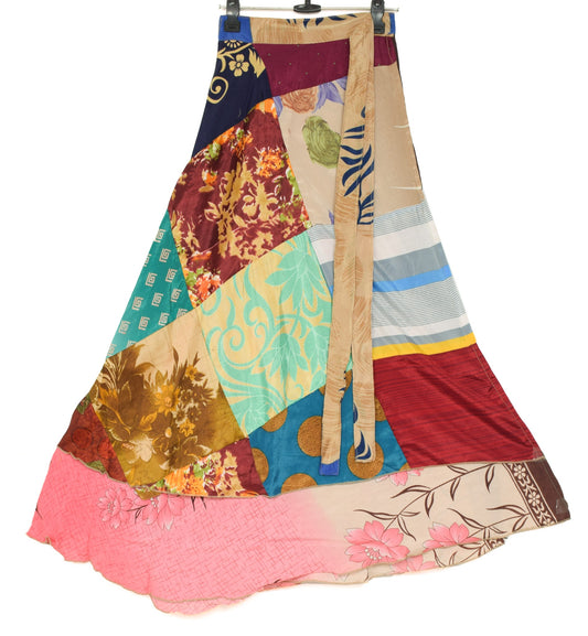 Sushila Vintage Patchwork Magic Wrap Art Silk Saree Reversible Skirt Beach Dress
