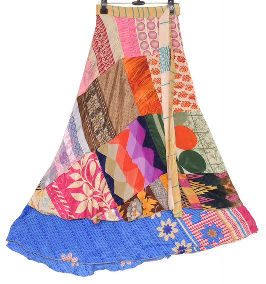 Sushila Vintage Patchwork Magic Wrap Art Silk Saree Reversible Skirt Beach Dress