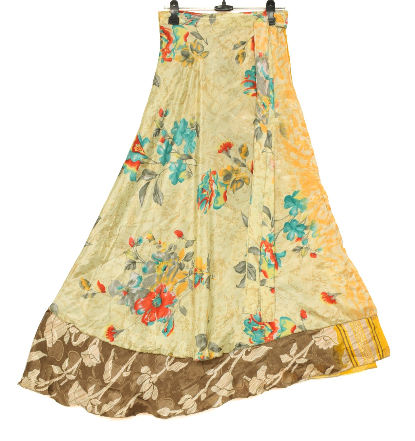 Sushila Vintage Floral Art Silk Saree Magic Wrap Brown Reversible Skirt Beach Dress