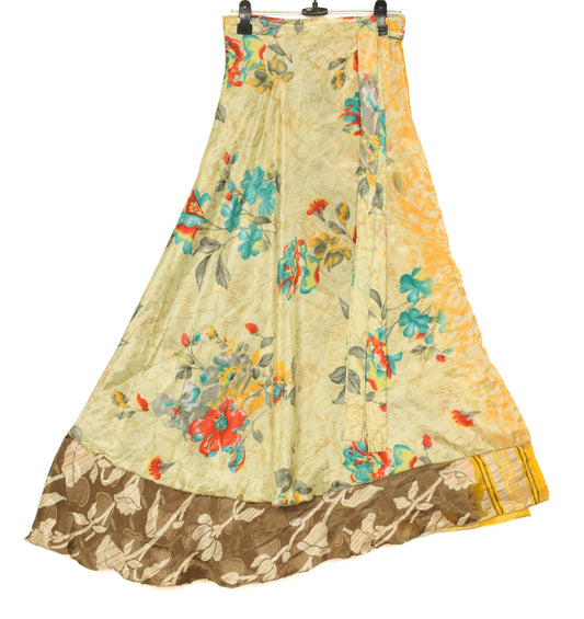 Sushila Vintage Floral Art Silk Saree Magic Wrap Brown Reversible Skirt Beach Dress