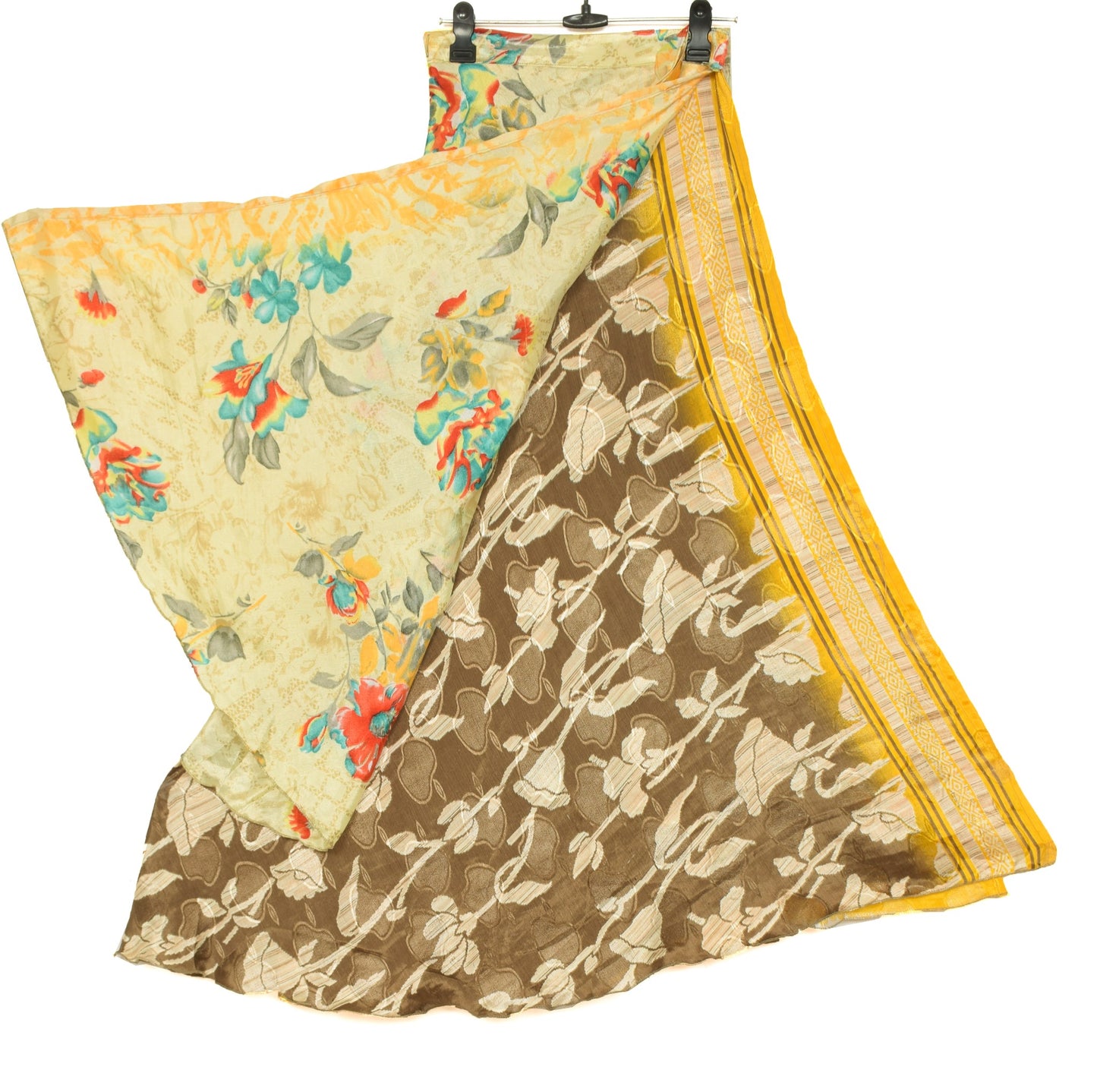 Sushila Vintage Floral Art Silk Saree Magic Wrap Brown Reversible Skirt Beach Dress