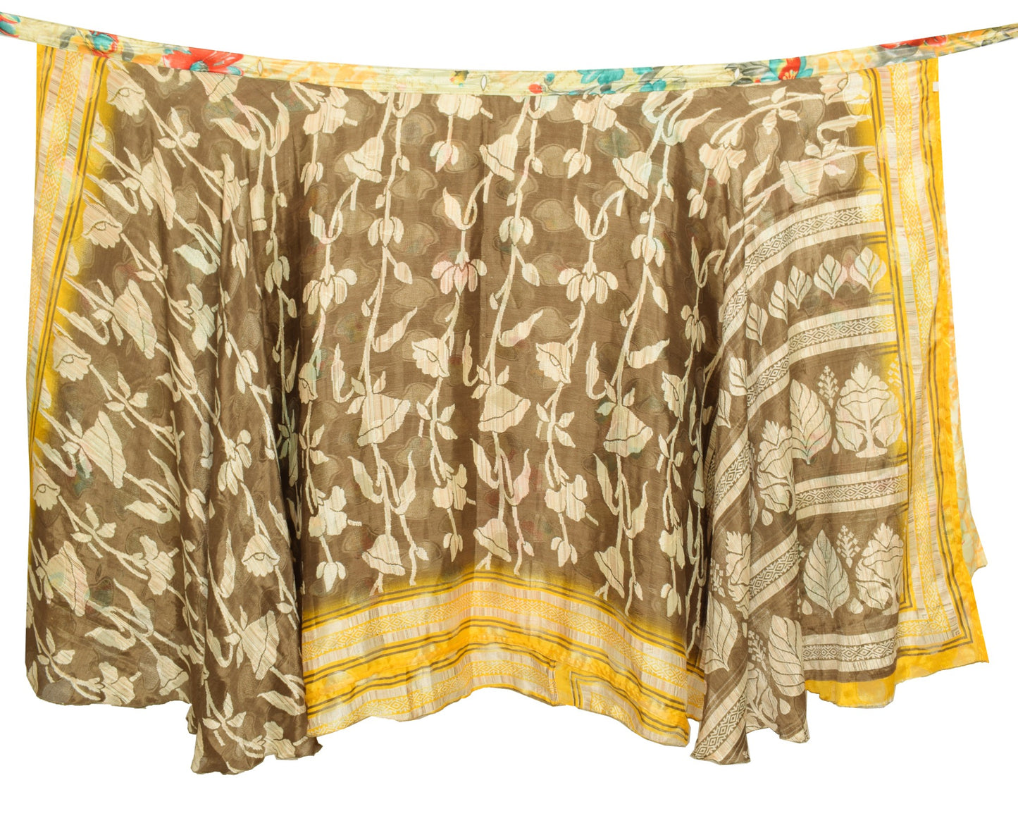 Sushila Vintage Floral Art Silk Saree Magic Wrap Brown Reversible Skirt Beach Dress