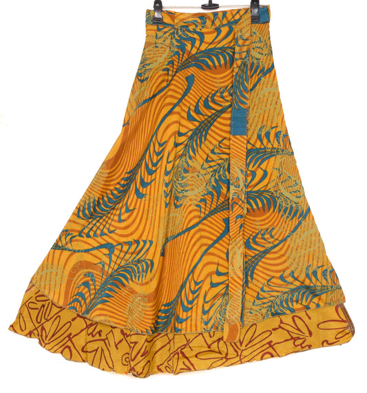 Sushila Vintage Yellow Art Silk Saree Magic Wrap Reversible Skirt Beach Dress Hippie