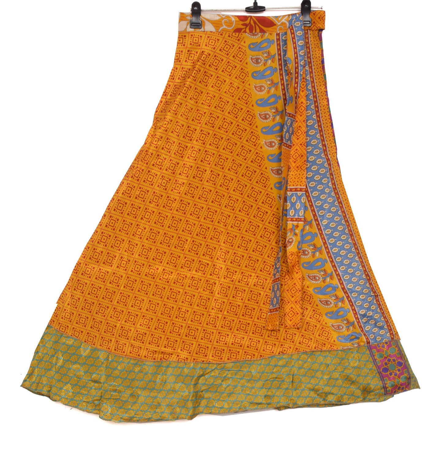 Sushila Vintage Art Silk Saree Magic Wrap Orange Green Reversible Skirt Beach Dress