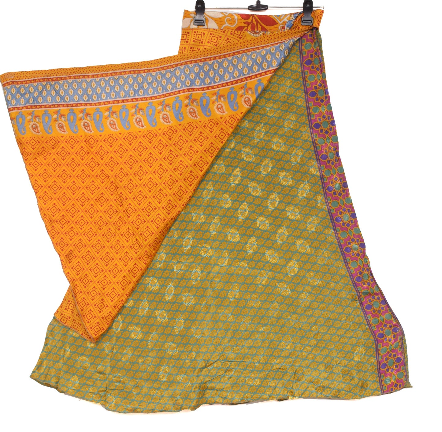 Sushila Vintage Art Silk Saree Magic Wrap Orange Green Reversible Skirt Beach Dress