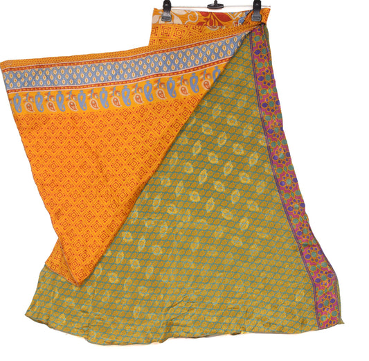 Sushila Vintage Art Silk Saree Magic Wrap Orange Green Reversible Skirt Beach Dress