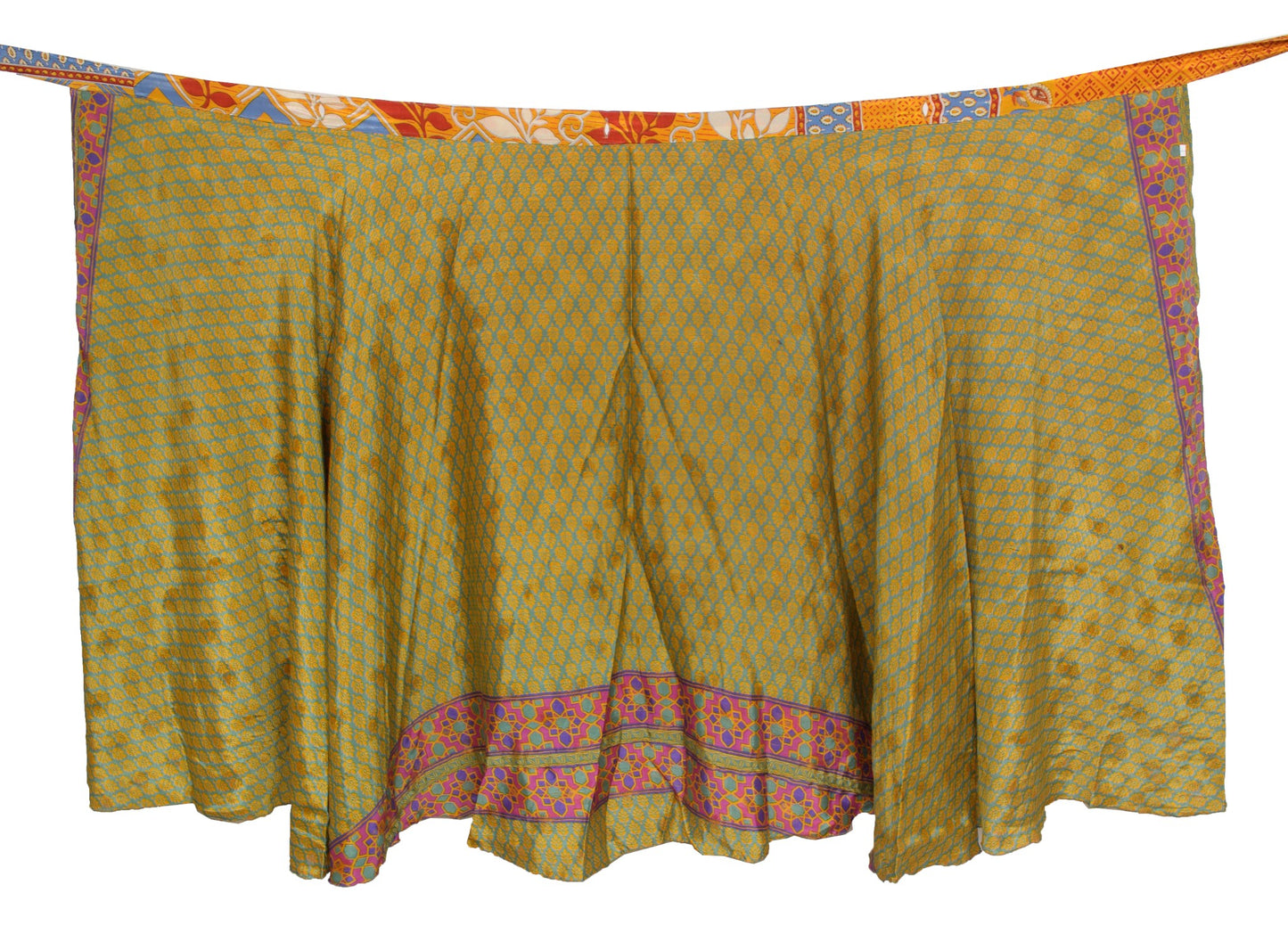 Sushila Vintage Art Silk Saree Magic Wrap Orange Green Reversible Skirt Beach Dress