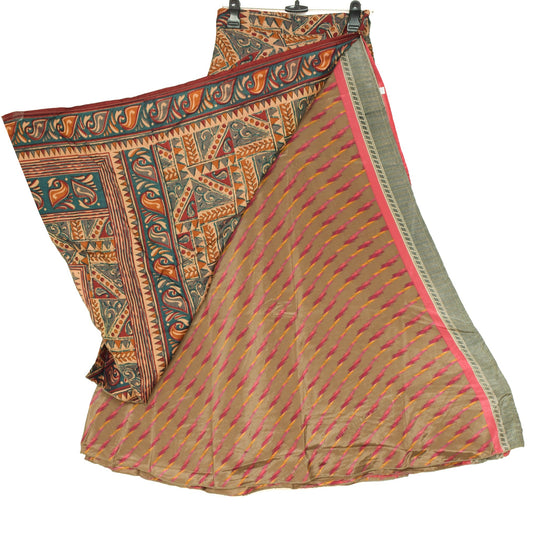 Sushila Vintage Art Silk Saree Magic Wrap Reversible Skirt Brown Beach Dress