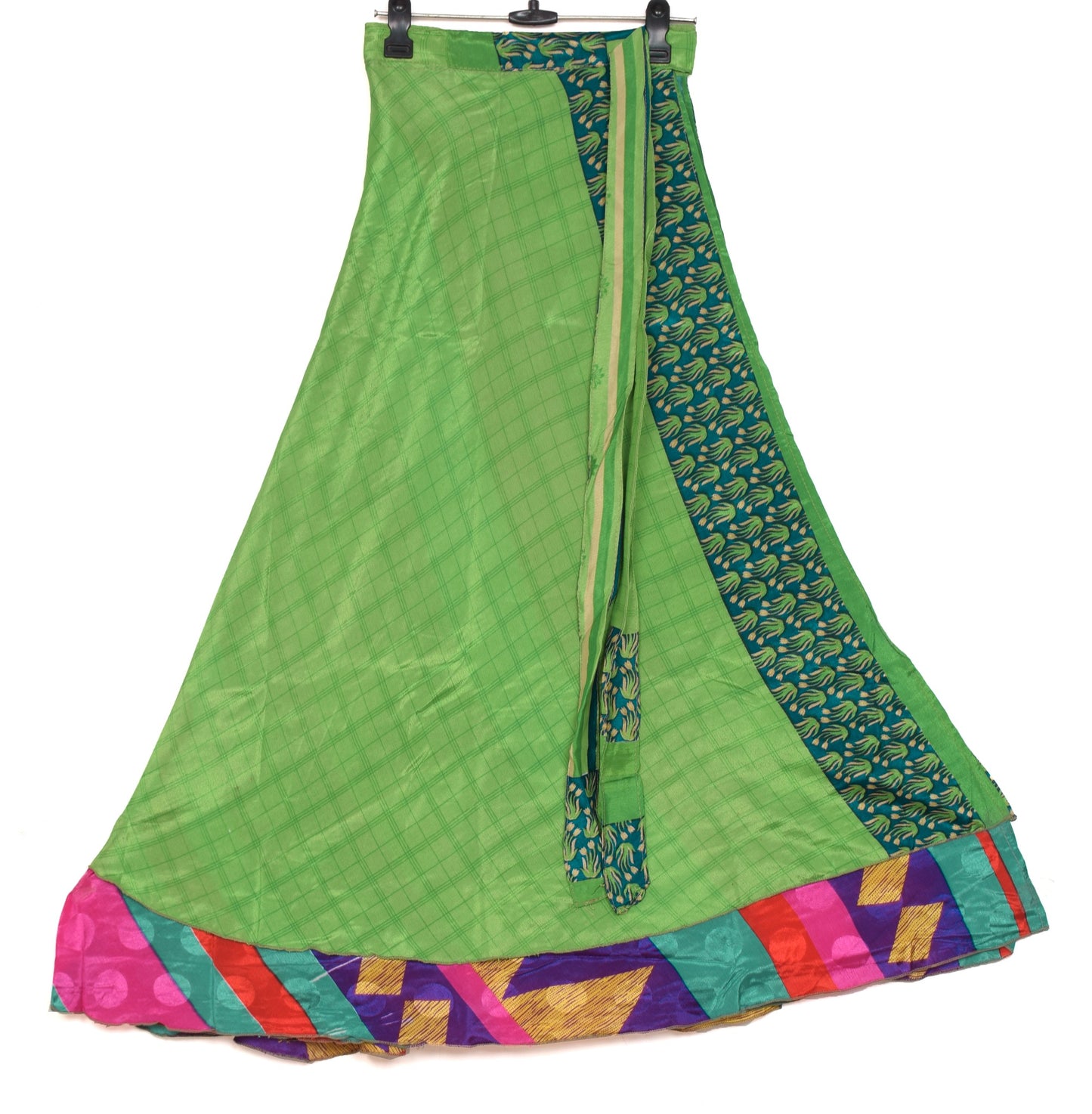 Sushila Vintage Green Checks Saree Magic Wrap Reversible Skirt Art Silk Beach Dress